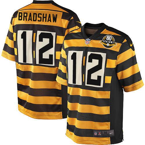 Youth Elite Terry Bradshaw 80th Anniversary Nike Jersey Gold/Black Alternate - #12 Throwback NFL Pittsburgh Steelers